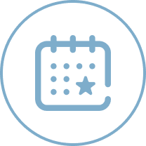 Icon of a calendar with a star on one day, enclosed in a blue circle.